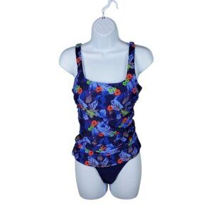 Wenly Zeng Floral Ruched Tankini Two Piece Swimsuit Blue Size Medium
